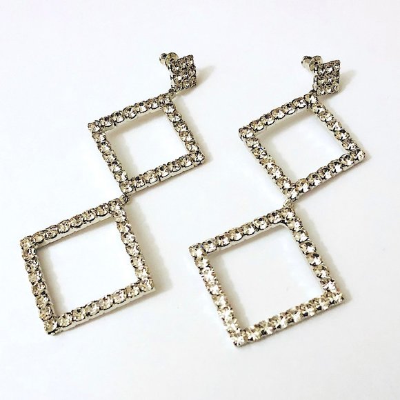 New! Diamond Shape Crystals S925 Silver Earrings - Picture 2 of 4